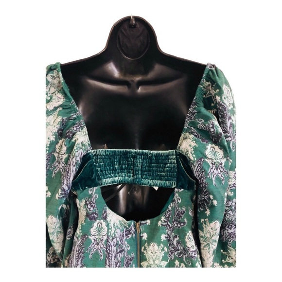 Free People structured green brocade look velvet balloon sleeve babydoll dress - Picture 8 of 16